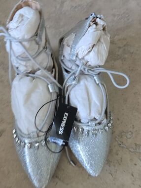Express Silver Glitter Pointed Toe Lace-Up Flats with Rhinestone Trim